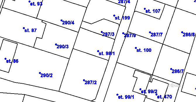 Parcela st. 98/1 v KÚ Přepeře u Turnova, Katastrální mapa