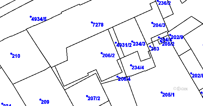 Parcela st. 206/2 v KÚ Přerov, Katastrální mapa