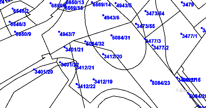 Parcela st. 3412/20 v KÚ Přerov, Katastrální mapa