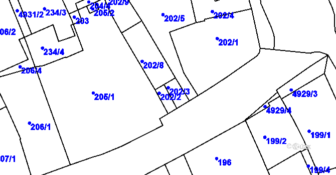 Parcela st. 202/3 v KÚ Přerov, Katastrální mapa