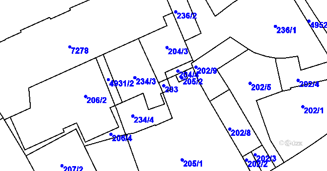Parcela st. 203 v KÚ Přerov, Katastrální mapa