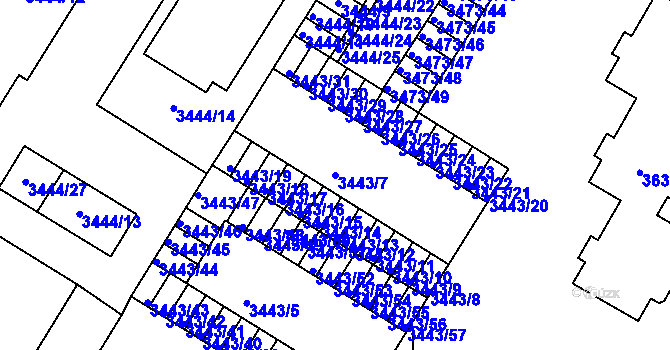 Parcela st. 3443/7 v KÚ Přerov, Katastrální mapa