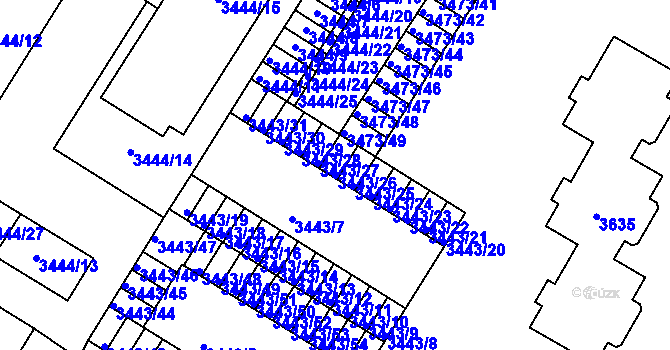 Parcela st. 3443/26 v KÚ Přerov, Katastrální mapa