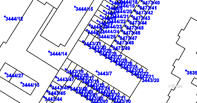 Parcela st. 3443/28 v KÚ Přerov, Katastrální mapa