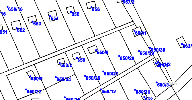Parcela st. 650/9 v KÚ Kozlovice u Přerova, Katastrální mapa