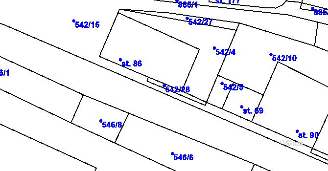 Parcela st. 542/28 v KÚ Přestavlky u Roudnice nad Labem, Katastrální mapa
