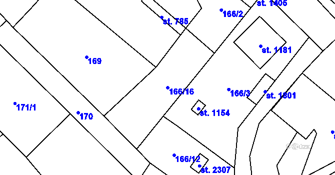 Parcela st. 166/16 v KÚ Přeštice, Katastrální mapa