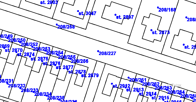 Parcela st. 208/227 v KÚ Přeštice, Katastrální mapa
