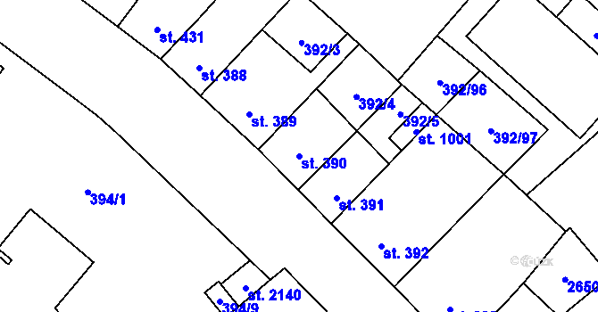 Parcela st. 390 v KÚ Přeštice, Katastrální mapa