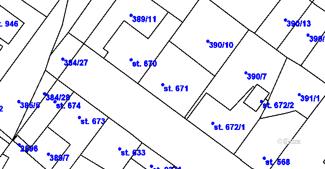 Parcela st. 671 v KÚ Přeštice, Katastrální mapa