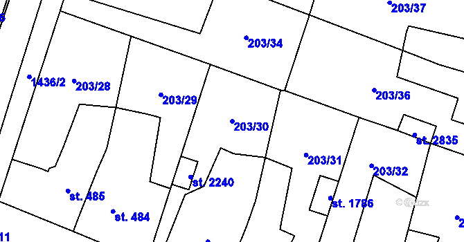 Parcela st. 203/30 v KÚ Přeštice, Katastrální mapa