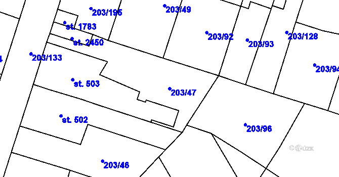 Parcela st. 203/47 v KÚ Přeštice, Katastrální mapa