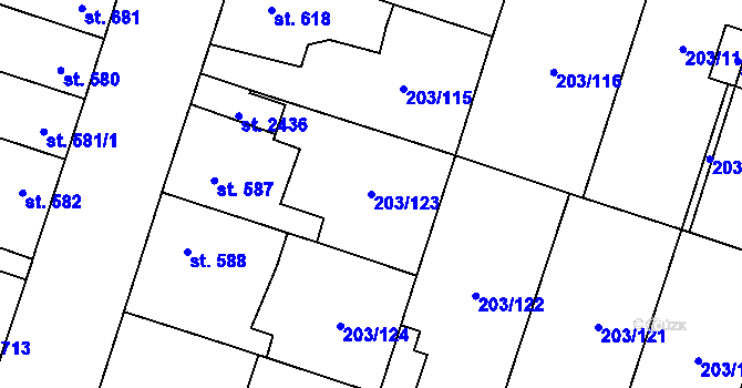 Parcela st. 203/123 v KÚ Přeštice, Katastrální mapa