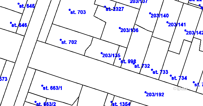Parcela st. 203/135 v KÚ Přeštice, Katastrální mapa