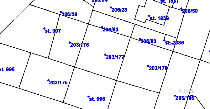 Parcela st. 203/177 v KÚ Přeštice, Katastrální mapa