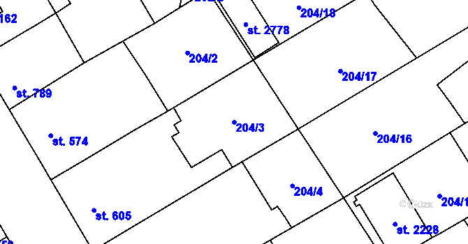 Parcela st. 204/3 v KÚ Přeštice, Katastrální mapa