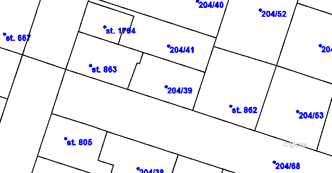 Parcela st. 204/39 v KÚ Přeštice, Katastrální mapa