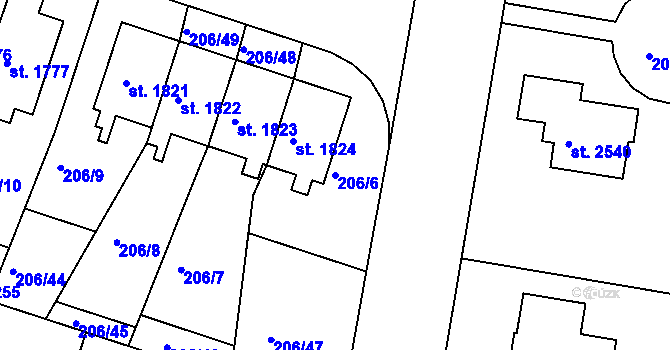 Parcela st. 206/6 v KÚ Přeštice, Katastrální mapa