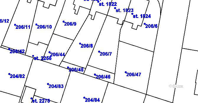 Parcela st. 206/7 v KÚ Přeštice, Katastrální mapa