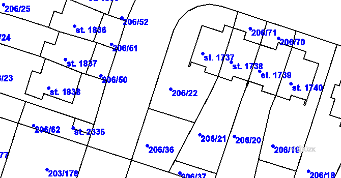 Parcela st. 206/22 v KÚ Přeštice, Katastrální mapa