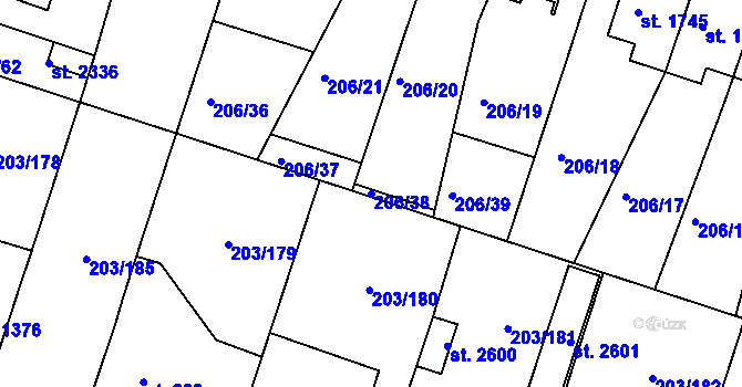 Parcela st. 206/38 v KÚ Přeštice, Katastrální mapa