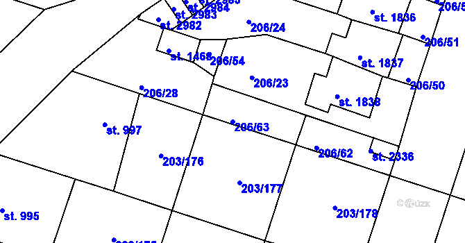Parcela st. 206/63 v KÚ Přeštice, Katastrální mapa