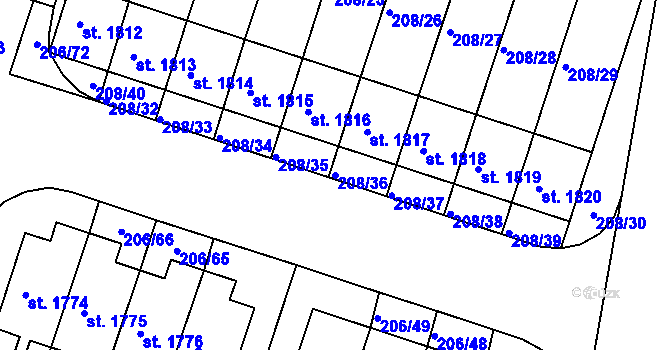 Parcela st. 208/36 v KÚ Přeštice, Katastrální mapa
