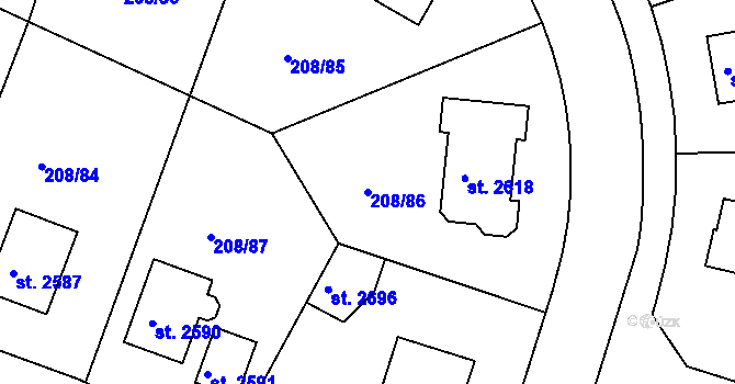 Parcela st. 208/86 v KÚ Přeštice, Katastrální mapa