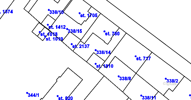 Parcela st. 338/14 v KÚ Přeštice, Katastrální mapa