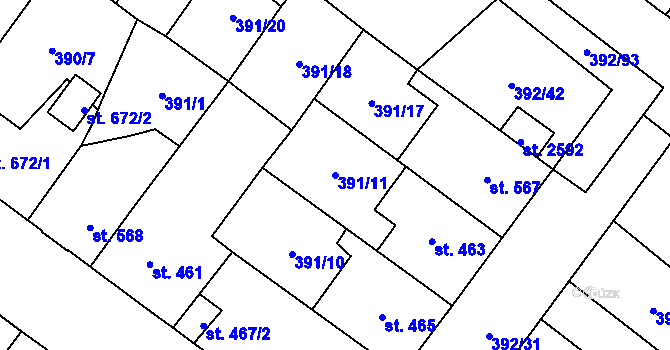 Parcela st. 391/11 v KÚ Přeštice, Katastrální mapa
