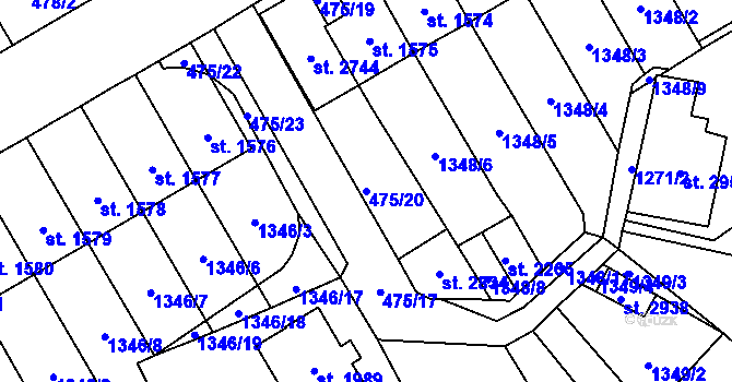 Parcela st. 475/20 v KÚ Přeštice, Katastrální mapa