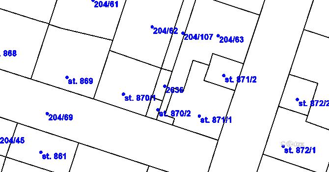 Parcela st. 2636 v KÚ Přeštice, Katastrální mapa