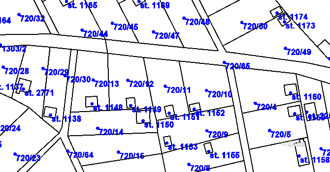Parcela st. 720/11 v KÚ Přeštice, Katastrální mapa
