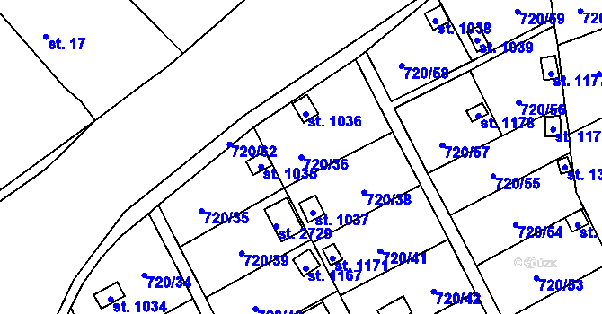 Parcela st. 720/36 v KÚ Přeštice, Katastrální mapa