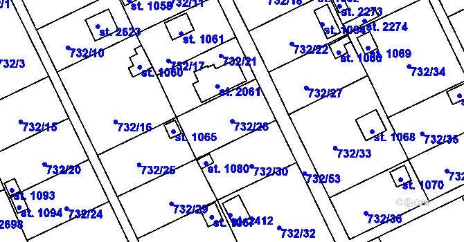 Parcela st. 732/26 v KÚ Přeštice, Katastrální mapa