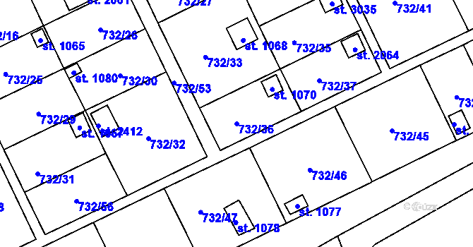 Parcela st. 732/36 v KÚ Přeštice, Katastrální mapa