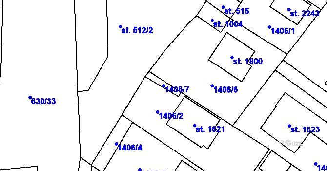 Parcela st. 1406/7 v KÚ Přeštice, Katastrální mapa