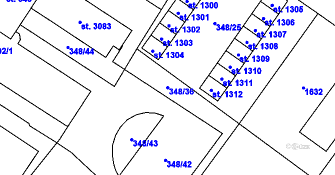 Parcela st. 348/36 v KÚ Přeštice, Katastrální mapa