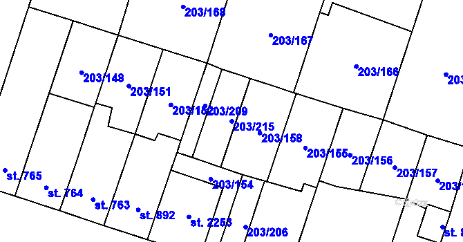 Parcela st. 203/215 v KÚ Přeštice, Katastrální mapa