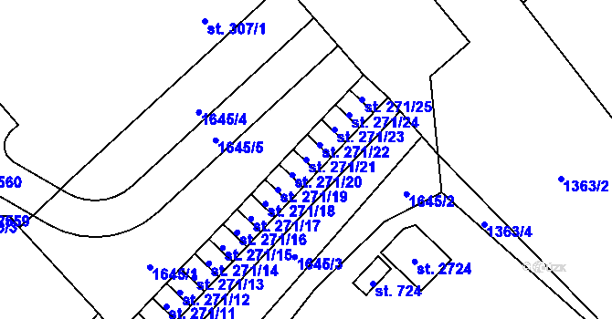 Parcela st. 271/21 v KÚ Přeštice, Katastrální mapa