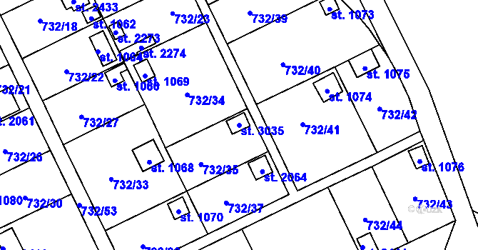 Parcela st. 3035 v KÚ Přeštice, Katastrální mapa