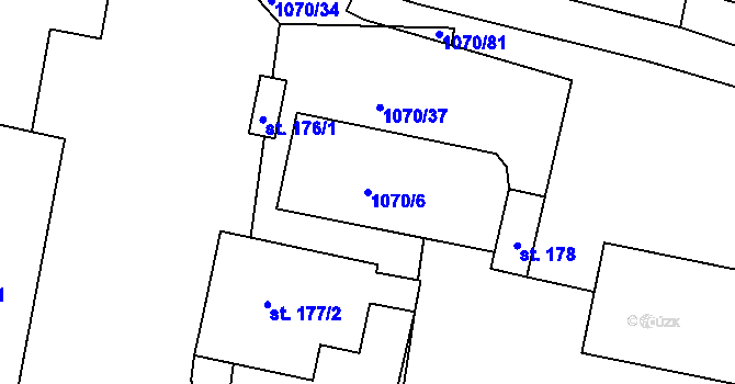 Parcela st. 1070/6 v KÚ Přešťovice, Katastrální mapa