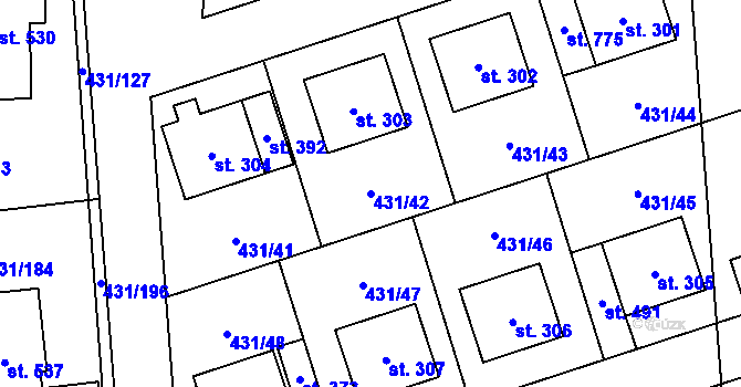 Parcela st. 431/42 v KÚ Přezletice, Katastrální mapa