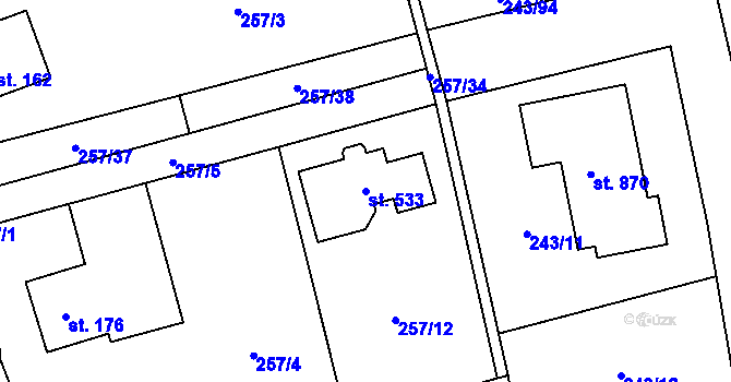 Parcela st. 533 v KÚ Přezletice, Katastrální mapa