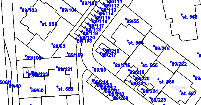 Parcela st. 89/217 v KÚ Přezletice, Katastrální mapa