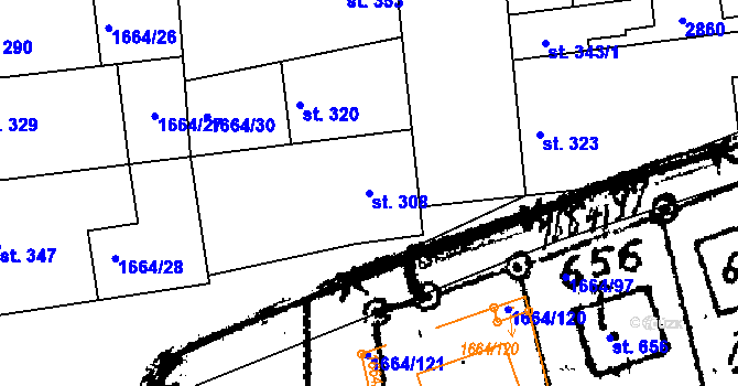 Parcela st. 308 v KÚ Přibice, Katastrální mapa