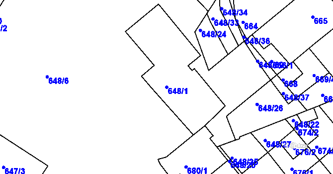 Parcela st. 648/1 v KÚ Příbram, Katastrální mapa