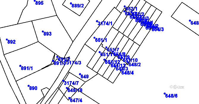 Parcela st. 651/11 v KÚ Příbram, Katastrální mapa