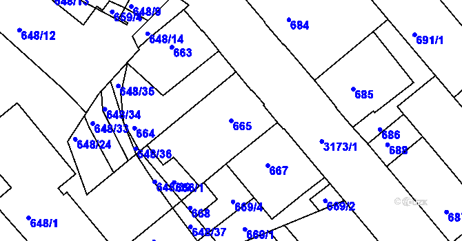 Parcela st. 665 v KÚ Příbram, Katastrální mapa