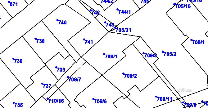 Parcela st. 709/1 v KÚ Příbram, Katastrální mapa